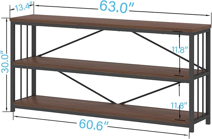 IBF Walnut Low Wide Bookcase, Vintage 63 Inch Long 3 Tier Open Book Shelf, Farmhouse Big Wood Metal sturdy Bookshelf Display Case, Simple Large Etagere Bookshelves for Home Living Room Office Bedroom