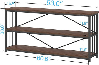 IBF Walnut Low Wide Bookcase, Vintage 63 Inch Long 3 Tier Open Book Shelf, Farmhouse Big Wood Metal sturdy Bookshelf Display Case, Simple Large Etagere Bookshelves for Home Living Room Office Bedroom