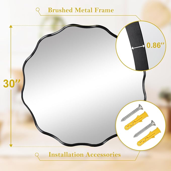 Fabuady Black Round Wavy Edge Mirror - 30'' Circle Wall Mirror with Metal Frame, Decorative Hanging/Leaning Mirror for Bathroom, Bedroom, Living Room, Hallway, Entryway, Office, Home Decor
