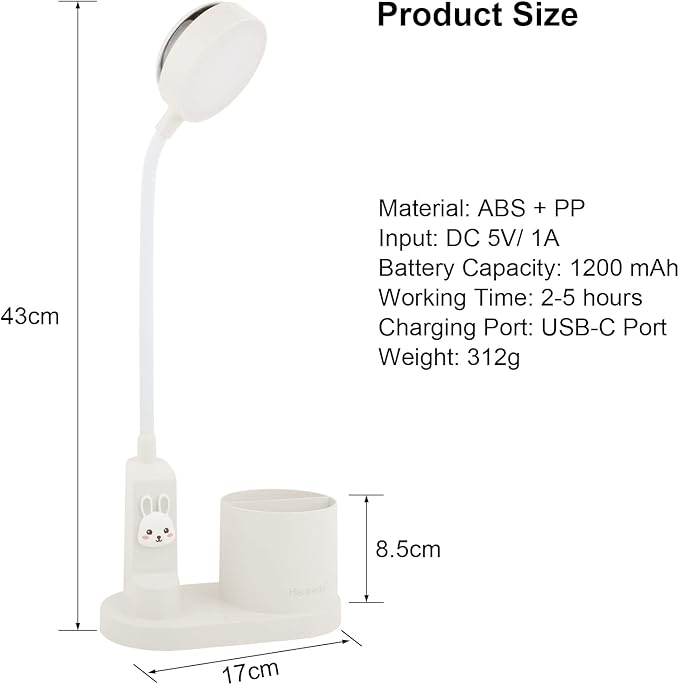 Cute Kids Desk Lamp 2000mAh Rechargeable Kawaii Desk Lamp with Star Projection & Pen Holder, Aesthetic Kids Bedside Lamp with Flexible Gooseneck/ 3 Level Brightness/Eye-Caring for Reading, Study