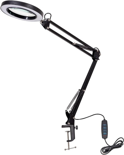 8X Magnifying Glass with Light, 3 Color Modes Stepless Dimmable 8-Diopter Real Glass Lens Magnifier with Light Desk Lamp Clamp Swivel Arm for Crafts Workbench