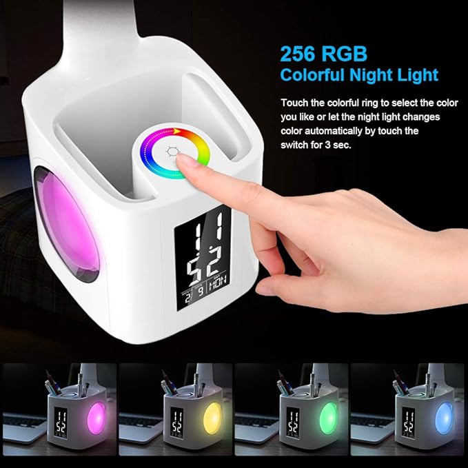 Donewin LED Desk Lamp with USB Charging Port&Pen Holder, Study Light with Clock, Kawaii Desk Accessories, Study Lamp for Kids/Girls/Boys,Desk Light for Office/Reading, Colorful Night Light,10W