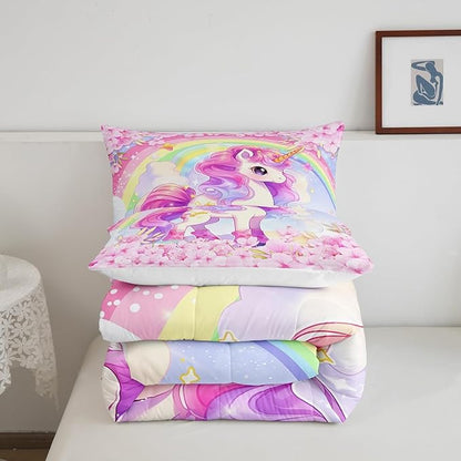 Cartoon Unicorn Kids Comforter Set King Size,Sakura Cherry Blossom Japanese Bedding Set,Girls Women Room Decor,Rainbow Unicorn Cute Down Comforter,Pink Purple Romantic Duvet Insert,2 Pillowcases