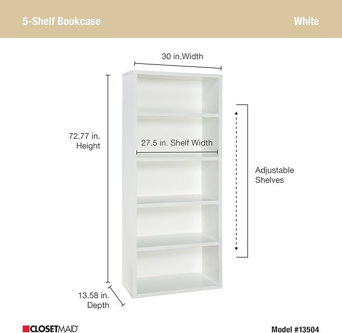 ClosetMaid Bookshelf with 5 Shelf Tiers, Adjustable Shelves, Tall Bookcase Sturdy Wood with Closed Back Panel, White Finish