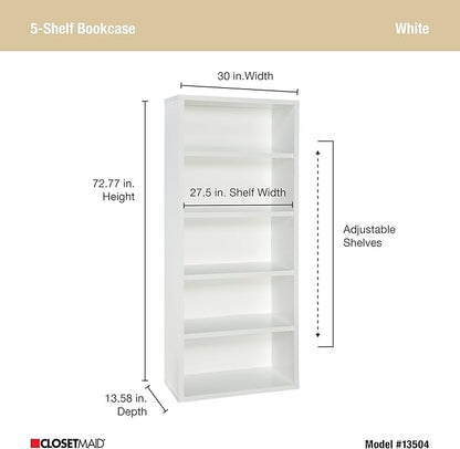 ClosetMaid Bookshelf with 5 Shelf Tiers, Adjustable Shelves, Tall Bookcase Sturdy Wood with Closed Back Panel, White Finish