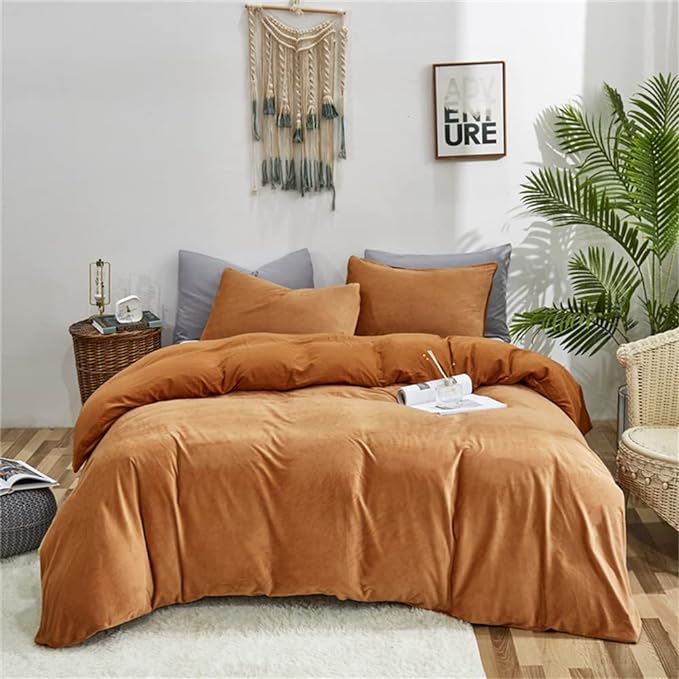 Wellboo Velvet Full Size Comforter Set Pumpkin Fluffy Bedding Set for Women Girls Burnt Orange Plush Bedding Comforters Solid Terracotta Flannel Quilt Soft Rust Pumpkin Fuzzy Blanket Sherpa Shaggy Bed