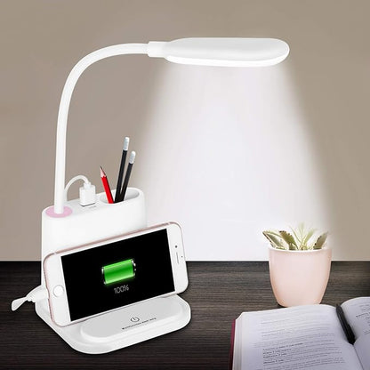 LED Desk Lamp, NovoLido Rechargeable Lamp with USB Charging Port/Pen Holder/Phone Holder, Small Study Cute for Kids/Home/Office/Dorm, Flexible Portable Bedside Table Reading (White)