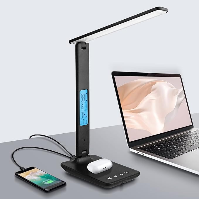 LAOPAO LED Desk Lamp with Wireless Charger, USB Charging Port, Adjustable & Foldable with Clock, Alarm, Date, Temperature, 5-Level Dimmable Lighting, for Office with Adapter