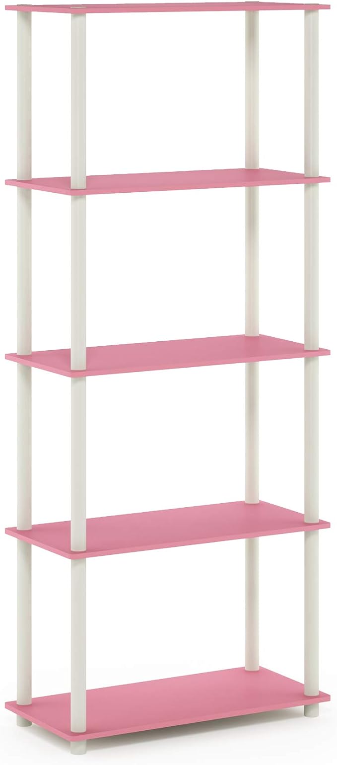 Furinno Turn-N-Tube Multipurpose Shelf / Display Rack / Storage Shelf / Bookshelf, 5-Tier Round Tube, Pink/White