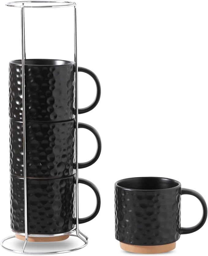 Nihow 16 Oz Ceramic Coffee Mug Set of 4 with Stackable Stand,Matte Black | Stackable, Stainless Stand Included, Cappuccino & Tea, Hot/Cold Drinks, Dishwasher & Microwave Safe