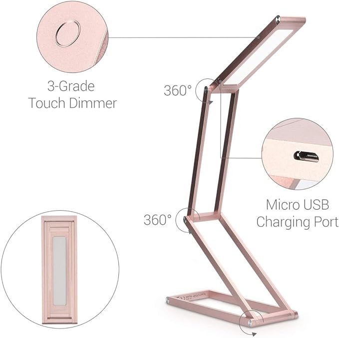 kwmobile Foldable LED Desk Lamp - Folding Portable USB Table Light with 3 Brightness Settings - for Home, Reading, Studying, Work, Travel - Rose Gold