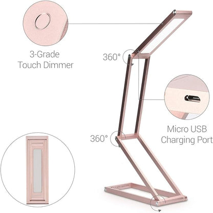 kwmobile Foldable LED Desk Lamp - Folding Portable USB Table Light with 3 Brightness Settings - for Home, Reading, Studying, Work, Travel - Rose Gold