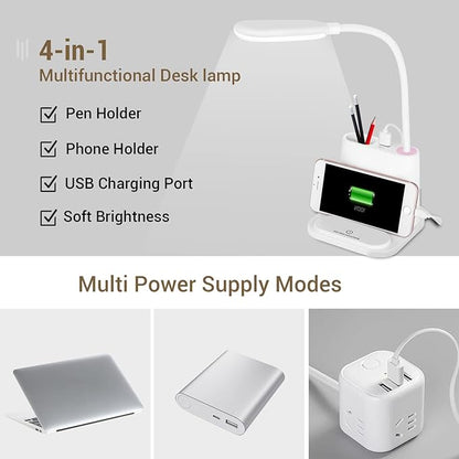 LED Desk Lamp, NovoLido Rechargeable Lamp with USB Charging Port/Pen Holder/Phone Holder, Small Study Cute for Kids/Home/Office/Dorm, Flexible Portable Bedside Table Reading (White)