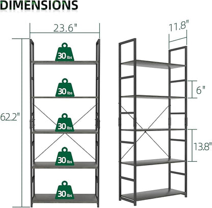 OTK 5 Tier Bookshelf, Tall Bookcase, Office Shelf Storage Organizer, Modern Book Shelf for Living Room, Bedroom, and Home Office, Dark Grey