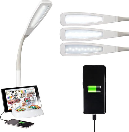 OttLite LED Desk Lamp with Tablet & Smart Phone Stand- ClearSun LED Technology - Desk Lamp with Storage Base, USB Charging Port, & Flexible Neck Height - for Tutorials, Crafting, Sewing & Working