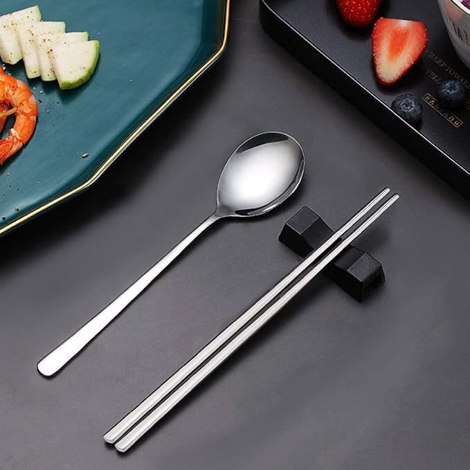 IQCWOOD Spoons and Chopsticks Set, 5 Pairs Stainless Steel Flat Chopsticks, 5 Set Korean Spoons, Metal Reusable Chop Sticks Dishwasher Safe for Home, Kitchen or Restaurant