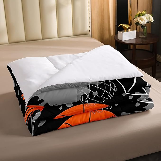 Basketball Bedding Set Tie Dye Down Comforter Passionate Sports Games Comforter Set for Kids Boys Man Jumping Up Shooting Action Quilt Set with 1 Comforter and 1 Pillow Case Twin Size Orange Black