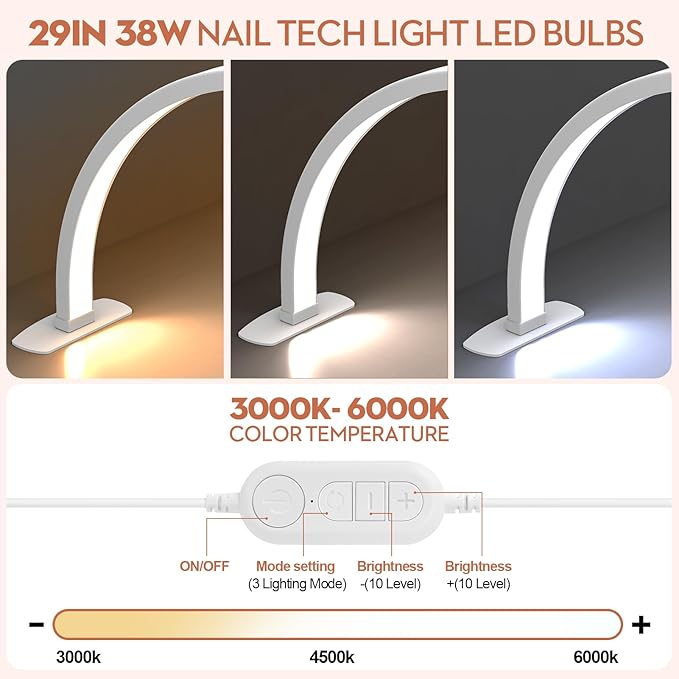 Premium Large Half Moon LED Light for Nail Tech, Foldable Arch Light for Nail Desk Lamp with Phone Stand Perfect for Manicure Handicraft lighting (White, Large)