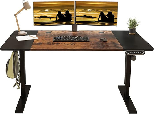 Adjustable Height Electric Standing Desk - 63 x 30 Inch Sit Stand Computer Desk with Splice Board, Stand Up Desk Table for Home Office, Black Frame/Black and Rustic Brown Top