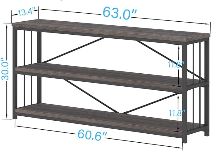 IBF Wood and Metal Book Shelf, Industrial Rustic Low 3 Tier Bookshelf, Farmhouse Long Wide Vintage Horizontal Bookcase, Modern Large Open Etagere for Home Office Living Room Bedroom, Gray Oak, 63 Inch