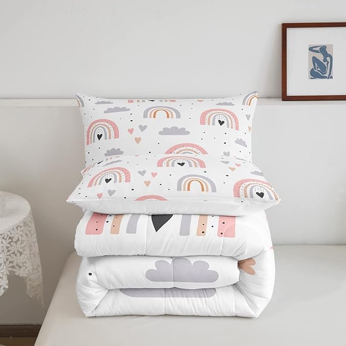 Rainbow Queen Bedding Sets For Girls, Kawaii Cloud Comforter Set 3 Pieces With 2 Pillow Cases, Pink Love Heart Down Comforter For Kids Boys Women Adult, Hand Drawn Cartoon Rainbow Duvet Insert