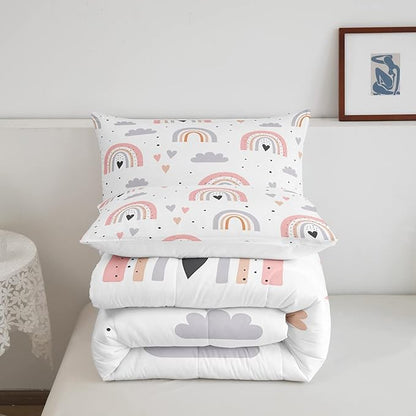 Rainbow Full Bedding Sets For Girls, Kawaii Cloud Comforter Set 3 Pieces With 2 Pillow Cases, Pink Love Heart Down Comforter For Kids Boys Women Adult, Hand Drawn Cartoon Rainbow Duvet Insert