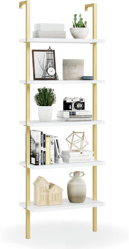 NUMENN 5 Tier Book Shelf, Industrial Ladder Shelf, Open Space Wall Mount Bookshelf with Metal Frame, Sturdy Book Shelves, Bookcase for Living Room, Home Office Shelf, White/Gold