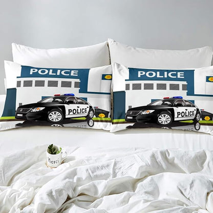 Children Police Car Comforter Set, 3D Car Pattern Down Comforter Twin Size for Kids Boys Girls Teens Bedroom, Cartoon Automobile Quilted Duvet, Decorative 2 Piece Bedding Set with Pillow Case