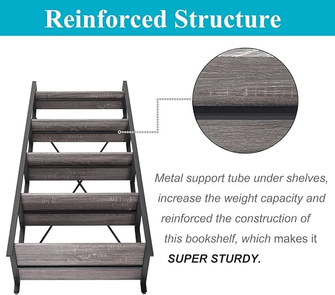 BON AUGURE 5-Tier Ladder Shelf, Industrial Leaning Bookcase, Wood and Metal Ladder Bookshelf for Living Room, Bedroom, Kitchen, Home Office (Grey Oak)
