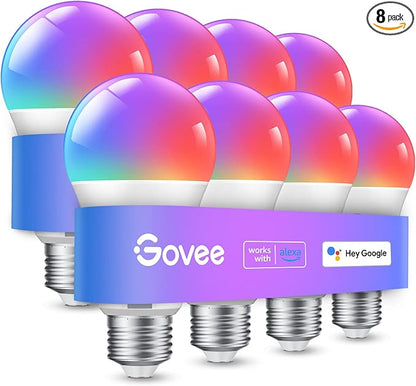 Govee Smart Light Bulbs, WiFi Bluetooth Color Changing Light Bulbs, Music Sync, 54 Dynamic Scenes, 16 Million DIY Colors RGB Light Bulbs, Work with Alexa, Google Assistant, 800 Lumen, 8 Pack