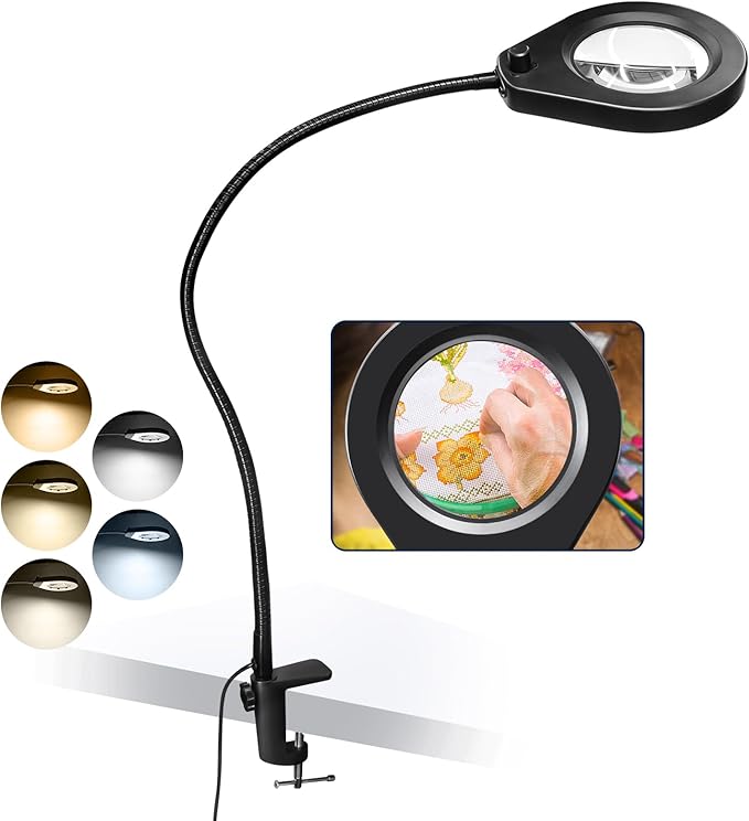 Magnifying with Light and 10X Real Glass Lens, Lighted in 5 Color Temperatures & 10 Dimmable Levels, Desk Edge Clip Mounted, Hands Free Positioning by 19.7' Gooseneck Arm