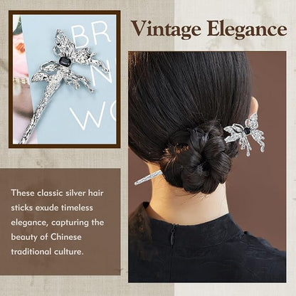 Lawie 10 Pack Silver Metal Hair Sticks Chopsticks Hair Pins Chinese Asian Hanfu Decorative Long Retro Hair Clips Snakes Swords Butterfly Jade Stone Vintage Hair Accessories for Women Girls