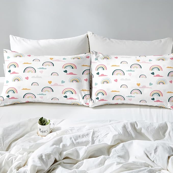 Erosebridal Kids Rainbow Bedding Set, Girly Love Heart Comforter Set Twin Size Cartoon Rainbow Cloud Duvet Sets for Girls Boys Women Bedroom Decor, Soft Microfiber Down Comforter 2 Pieces,Colorful