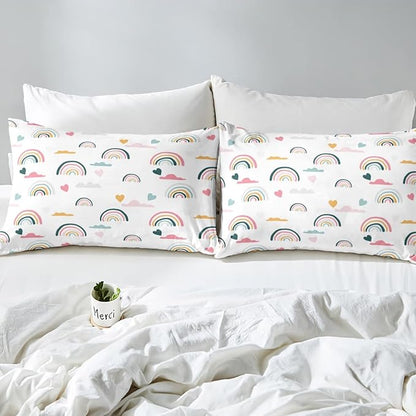 Erosebridal Kids Rainbow Bedding Set, Girly Love Heart Comforter Set Queen Size Cartoon Rainbow Cloud Duvet Sets for Girls Boys Women Bedroom Decor, Soft Microfiber Down Comforter 3 Pieces,Colorful