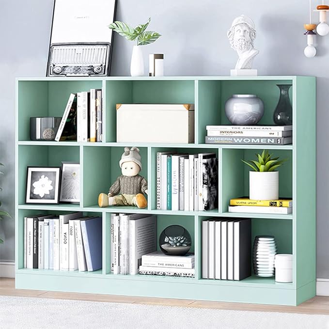 IOTXY Open Shelf Low Bookcase - Wooden 3-Tier Floor Standing Display Cabinet Organizer with Base, 10 Cubes Short Horizontal Bookshelf in Tiffany-Green