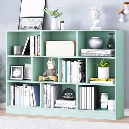 IOTXY Open Shelf Low Bookcase - Wooden 3-Tier Floor Standing Display Cabinet Organizer with Base, 10 Cubes Short Horizontal Bookshelf in Tiffany-Green