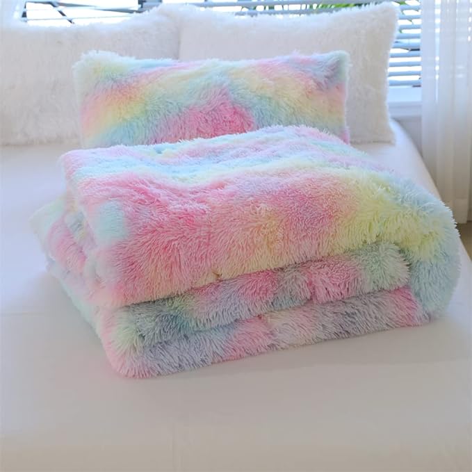 Faux Fur Kids Girls Rainbow Comforter Sets King - 3PC Bed Set Warm Comfortable Soft Plush Flannel Velvet Fluffy Fuzzy Bedding（Comforter x 1 Pillowcases x 2）