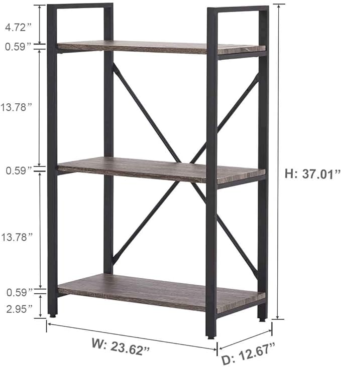BON AUGURE 3 Tier Bookshelf, Small Rustic Book shelf, Short Industrial Wood Metal Standing Bookcase Etagere for Office, Bedroom and Living Room (Dark Gray Oak)