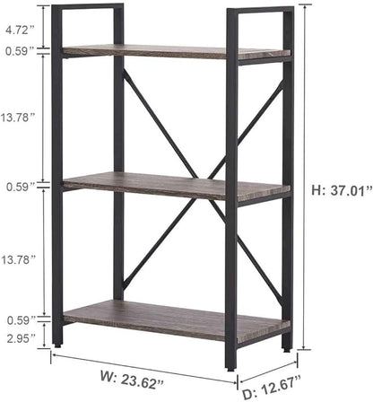 BON AUGURE 3 Tier Bookshelf, Small Rustic Book shelf, Short Industrial Wood Metal Standing Bookcase Etagere for Office, Bedroom and Living Room (Dark Gray Oak)