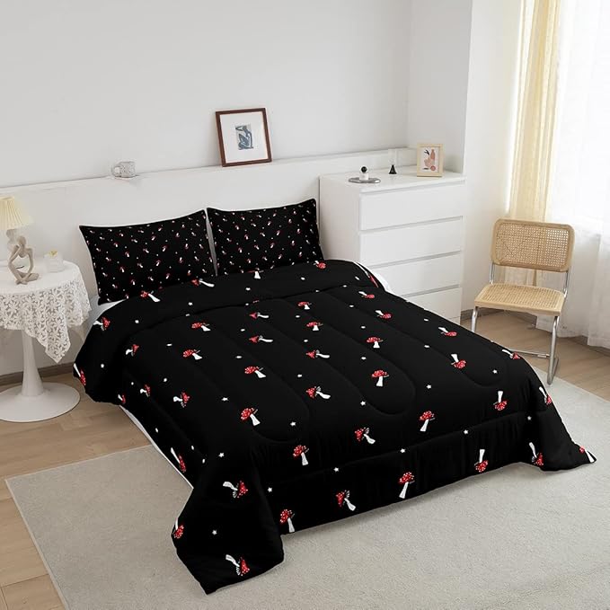 Cute Mushroom Kawaii Comforter Set Queen Kid Cartoon Bedding Set Red Mushroom Duvet Set Farmhouse Botanical Reversible Quilt Set Lovely Natural Wild Plants Comforter Set For Bedroom Decor, Black