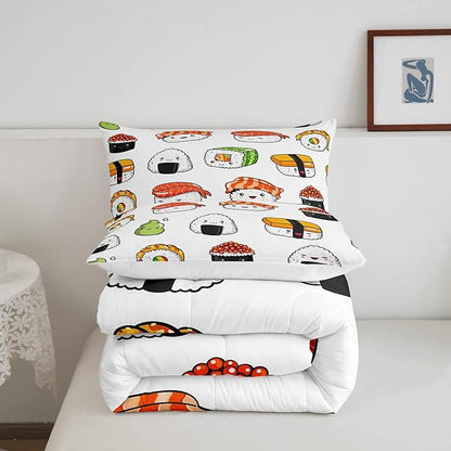 Sushi Pattern Comforter Set Japanese-Style Bedding Set for Kids Boys Girls Teens Food Theme Comforter Cute Cartoon Japanese Sushi Duvet Set Room Decor Quilt Set Full Size Microfiber