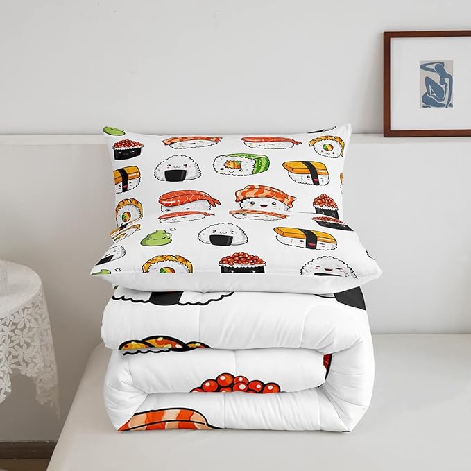Sushi Pattern Comforter Set Japanese-Style Bedding Set for Kids Boys Girls Teens Food Theme Comforter Cute Cartoon Japanese Sushi Duvet Set Room Decor Quilt Set Twin Size Microfiber