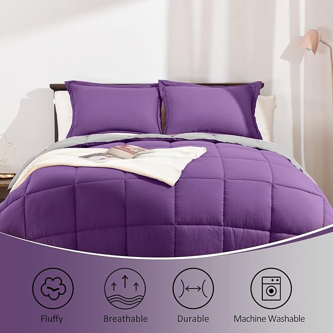 Basic Beyond Queen Comforter Set - Fluffy Comforter Queen Set for All Seasons - Reversible Purple Comforter Set Queen for Mens - 3 Pieces (1 Comforter + 2 Pillow Shams) - Purple/Grey
