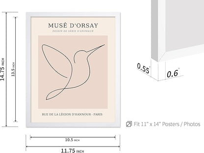 Poster Master Vintage Poster - Retro One Line Hummingbird Drawing Print - Bird Line Art - Minimal Gift for Him, Her, Animal Lover - Abstract Decor for Home, Office, 11x14 White Framed