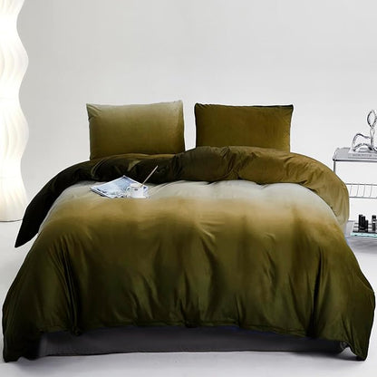 Green White Comforter Set Velvet Full Gradient Olive Green Bedding Comforter Women Plain White and Army Green Gradient Soft Quilt Flannel Dark Green Comforter Warm Full Bed Comforter
