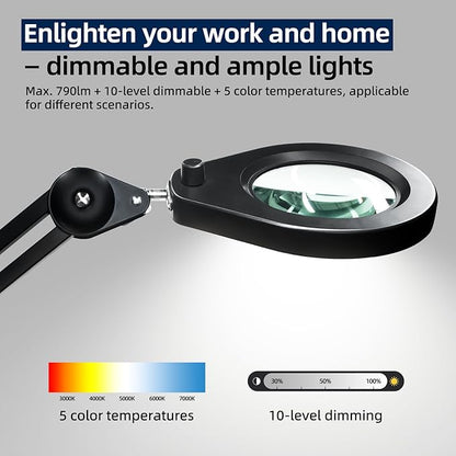 LED Magnifying Lamp with Premium Swing Arm, 5X Magnifying Glass with 5-Color Dimmable Light, Heavy-Duty Work Lamp Hands Free for Crafts, Precision Work, Estheticians - New Rotary Switch Design