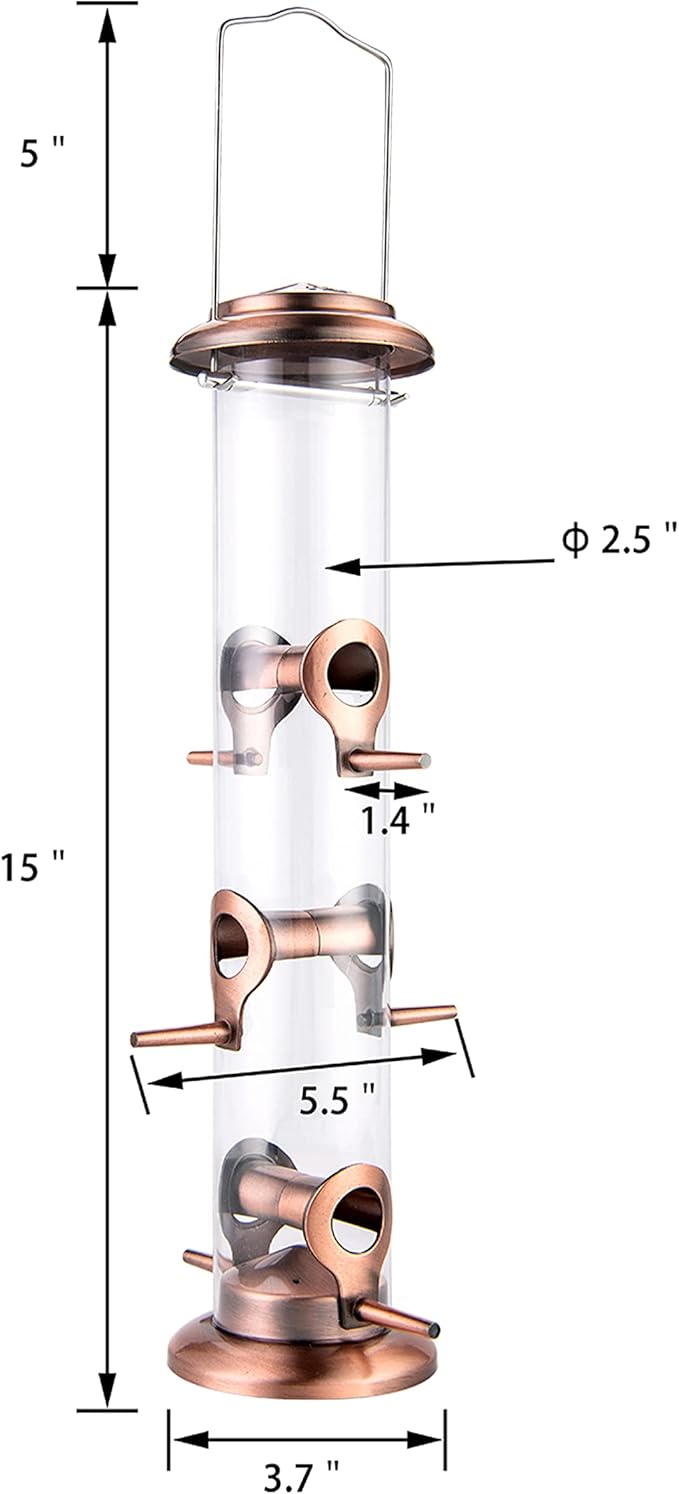 iBorn Metal Bird Feeders Brushed Copper Wild Bird Feeder for Outdoors Hanging All Metal Brushed Copper Finishing 14 Inch 6 Port(Seed is not Included)