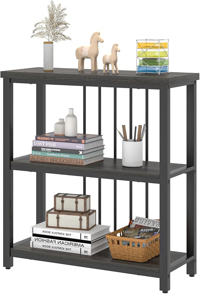FOLUBAN 3 Tier Book Shelf, Modern Short Bookshelf for Small Space, Industrial Wood and Metal Bookcase for Bedroom, Living Room, Office (Dark Gray Oak)