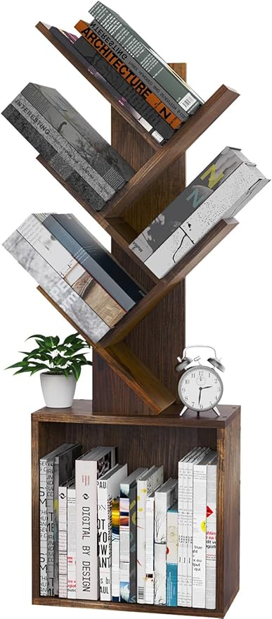 Ochine Tree Bookshelf, 5 Tier Small Bookcase with Large Drawer, Tall Wood Narrow Bookshelves Organizer for CDs/Movies/Books, Floor Standing Book Shelf for Bedroom, Living Room, Home Office