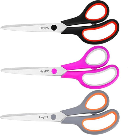 3-Pack 8.5" Ultra Sharp Stainless Steel Scissors - All Purpose Heavy Duty Shears for Office, Crafts, Sewing, Home - Rust Proof, Comfort Grip - Great Gift for Teacher Mom Crafter